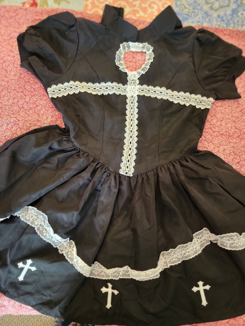 Black Cross Trim Mini Dress with White Lace